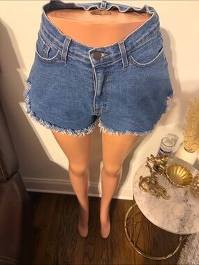 Vibram Blue Frayed Hem High-Rise Denim Shorts